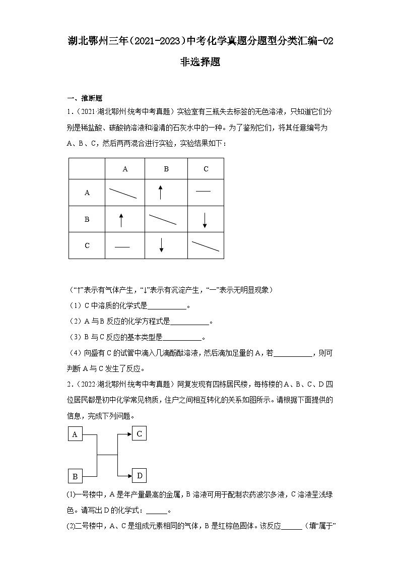 湖北鄂州三年（2021-2023）中考化学真题分题型分类汇编-02非选择题第1页