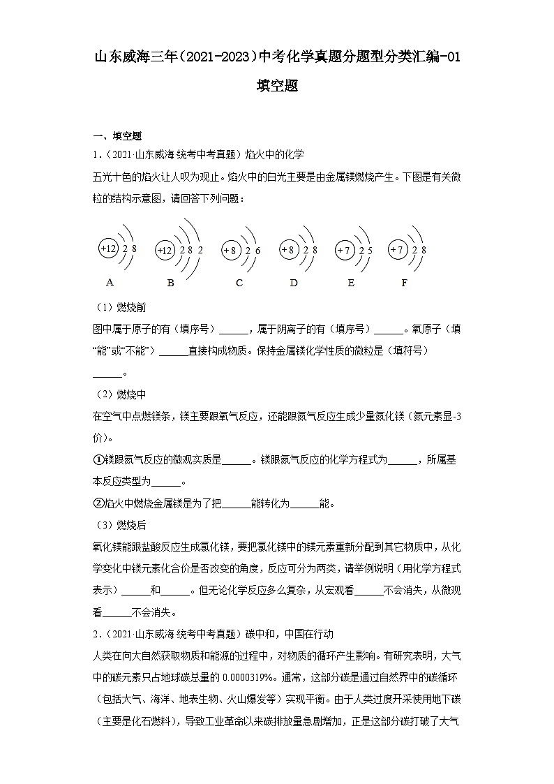 山东威海三年（2021-2023）中考化学真题分题型分类汇编-01填空题第1页
