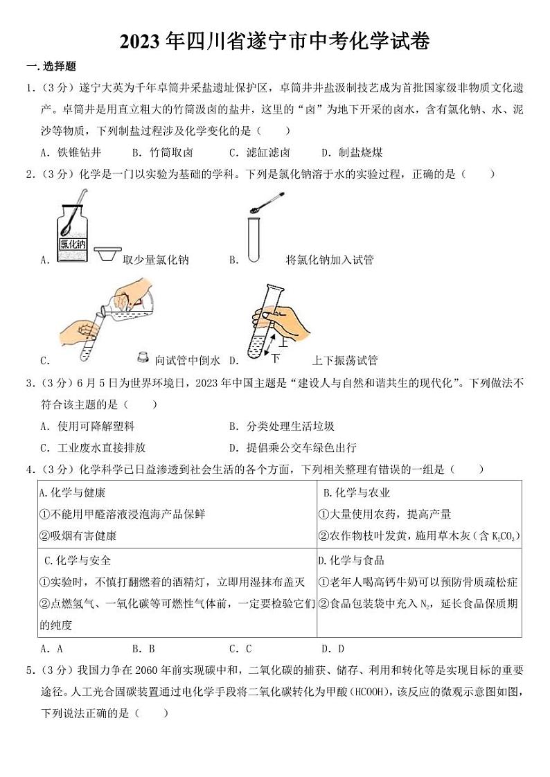 2023年四川省遂宁市中考化学试卷【附参考答案】第1页