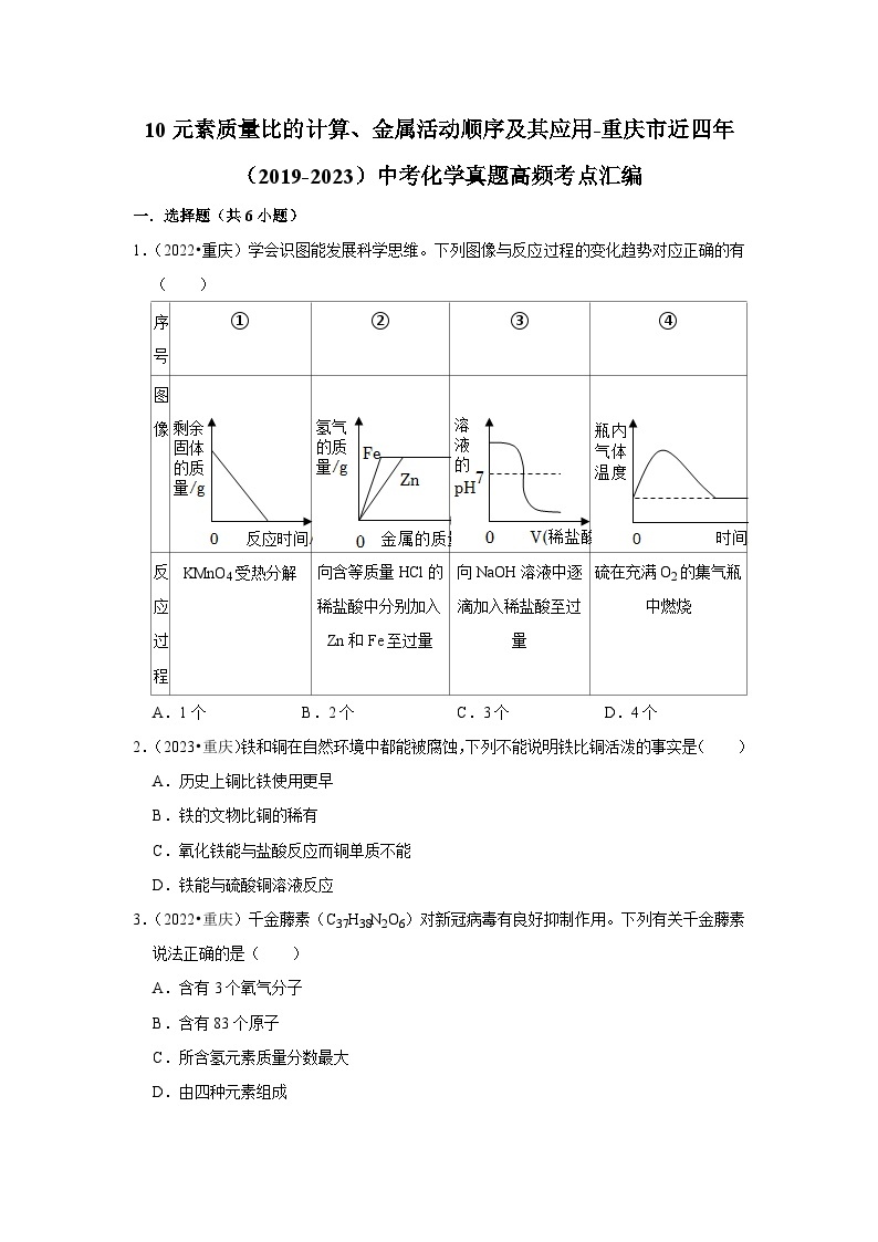 10元素质量比的计算、金属活动顺序及其应用-重庆市近四年（2019-2023）中考化学真题高频考点汇编01
