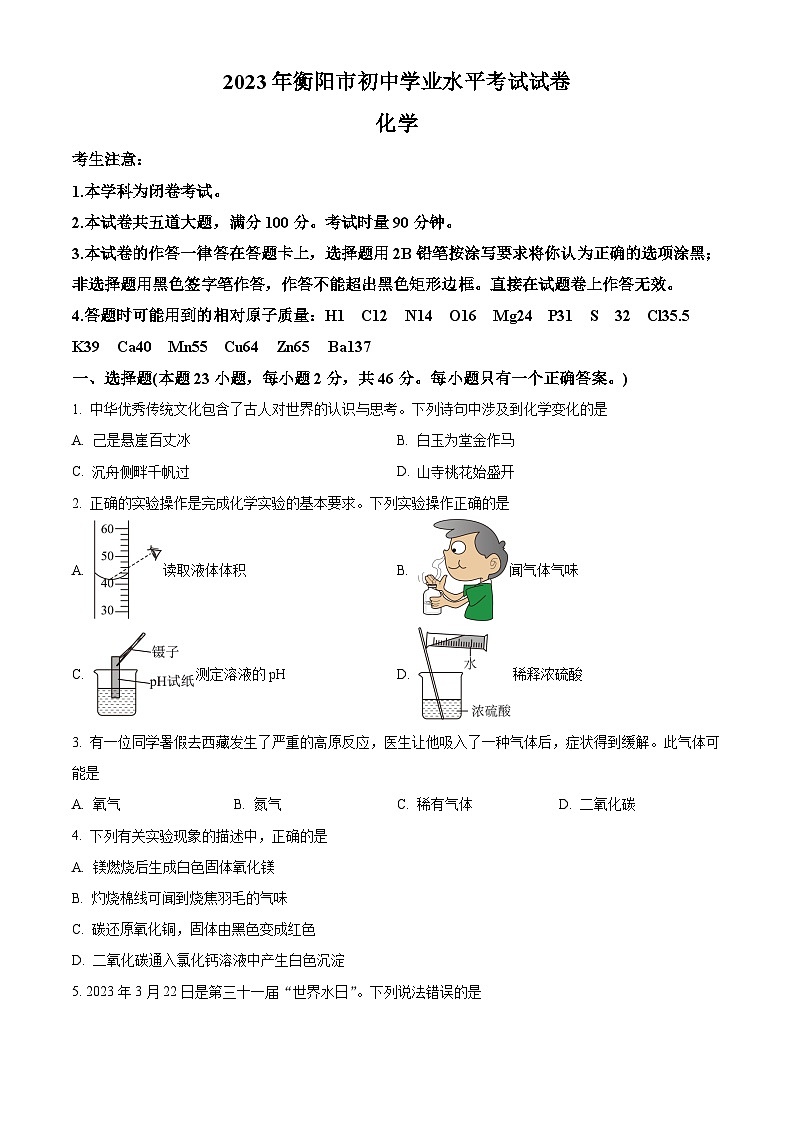 2023年湖南省衡阳市中考化学真题及答案解析01