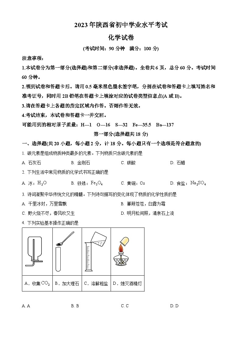 2023年陕西省中考化学真题及答案解析01