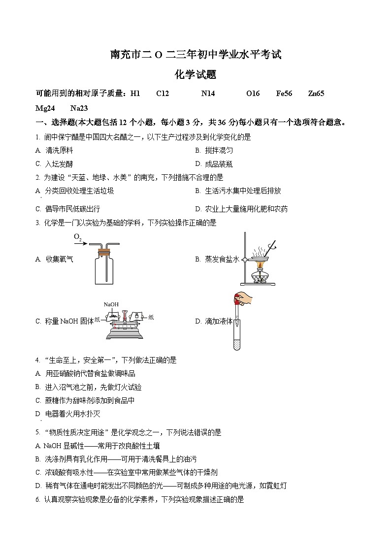 2023年四川省南充市中考化学真题（原卷版）第1页