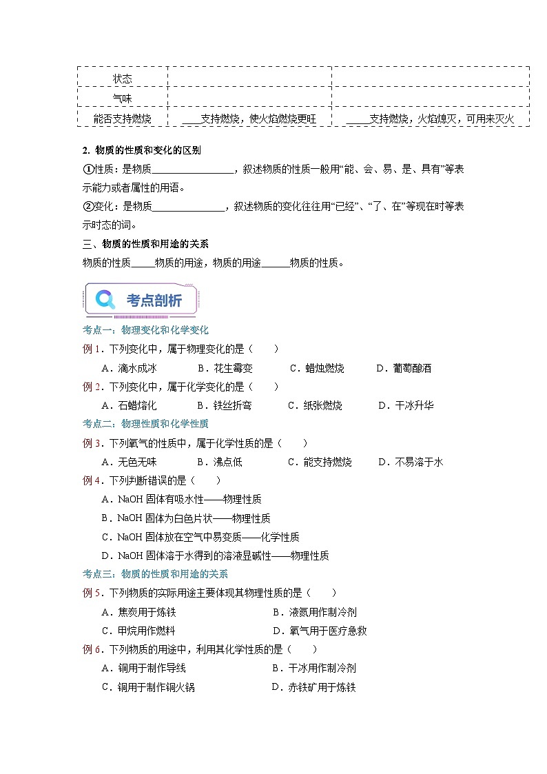 第01课 物质的性质和变化-2023年新初三化学（人教版）暑期预习课 试卷03