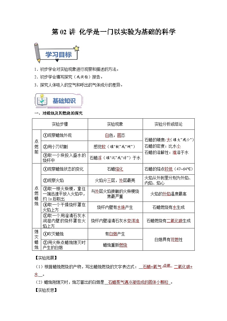 第02课 化学是一门以实验为基础的科学-2023年新初三化学（人教版）暑期预习课 试卷01