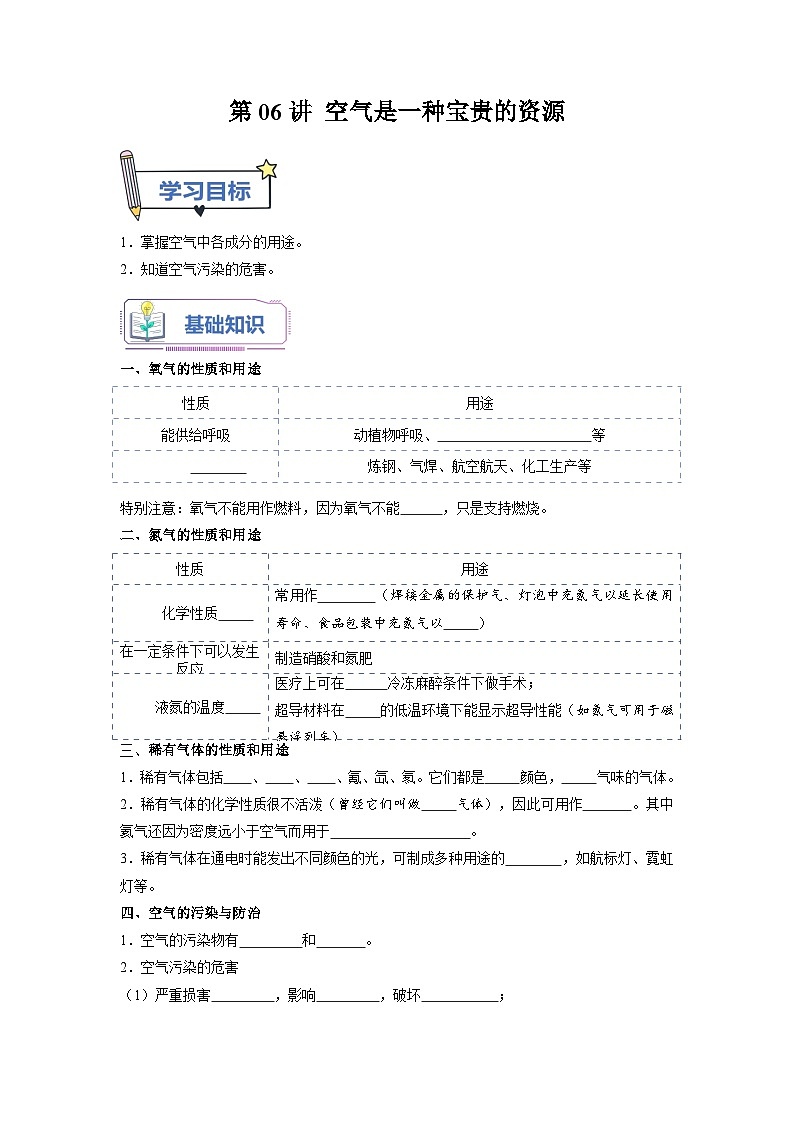 第06课 空气是一种宝贵的资源-2023年新初三化学（人教版）暑期预习课 试卷01