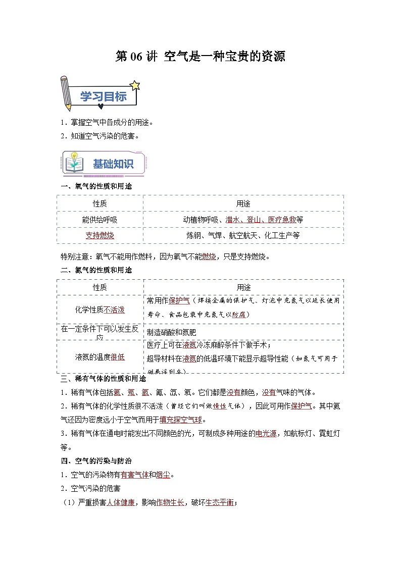 第06课 空气是一种宝贵的资源-2023年新初三化学（人教版）暑期预习课 试卷01