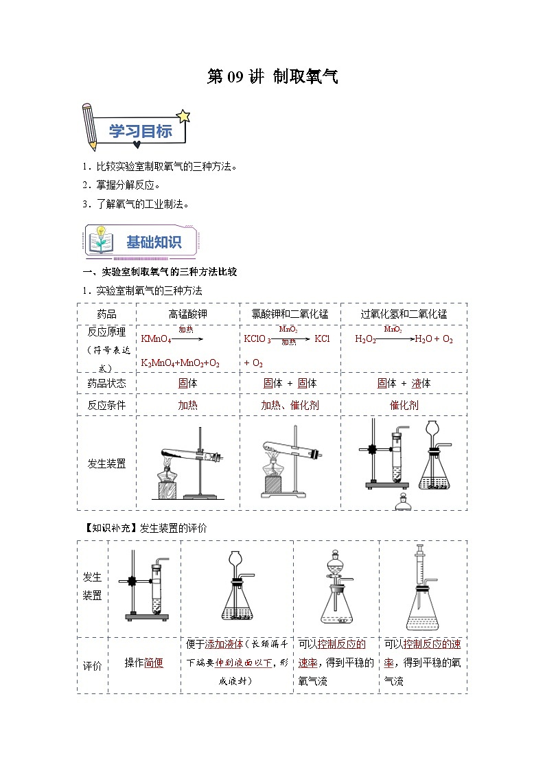 第09课 制取氧气-2023年新初三化学（人教版）暑期预习课 试卷01