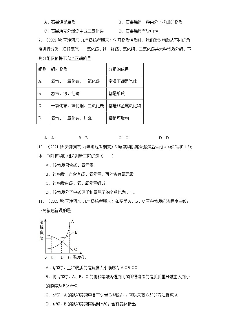 天津市河东区三年（2020-2022）九年级上学期期末化学试题汇编-选择题②第3页