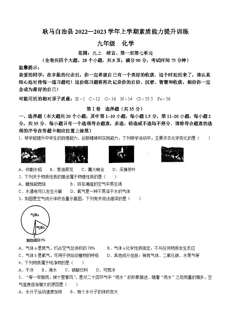 云南省临沧市耿马傣族佤族自治县2022-2023学年九年级上学期期末化学试题（含答案）01