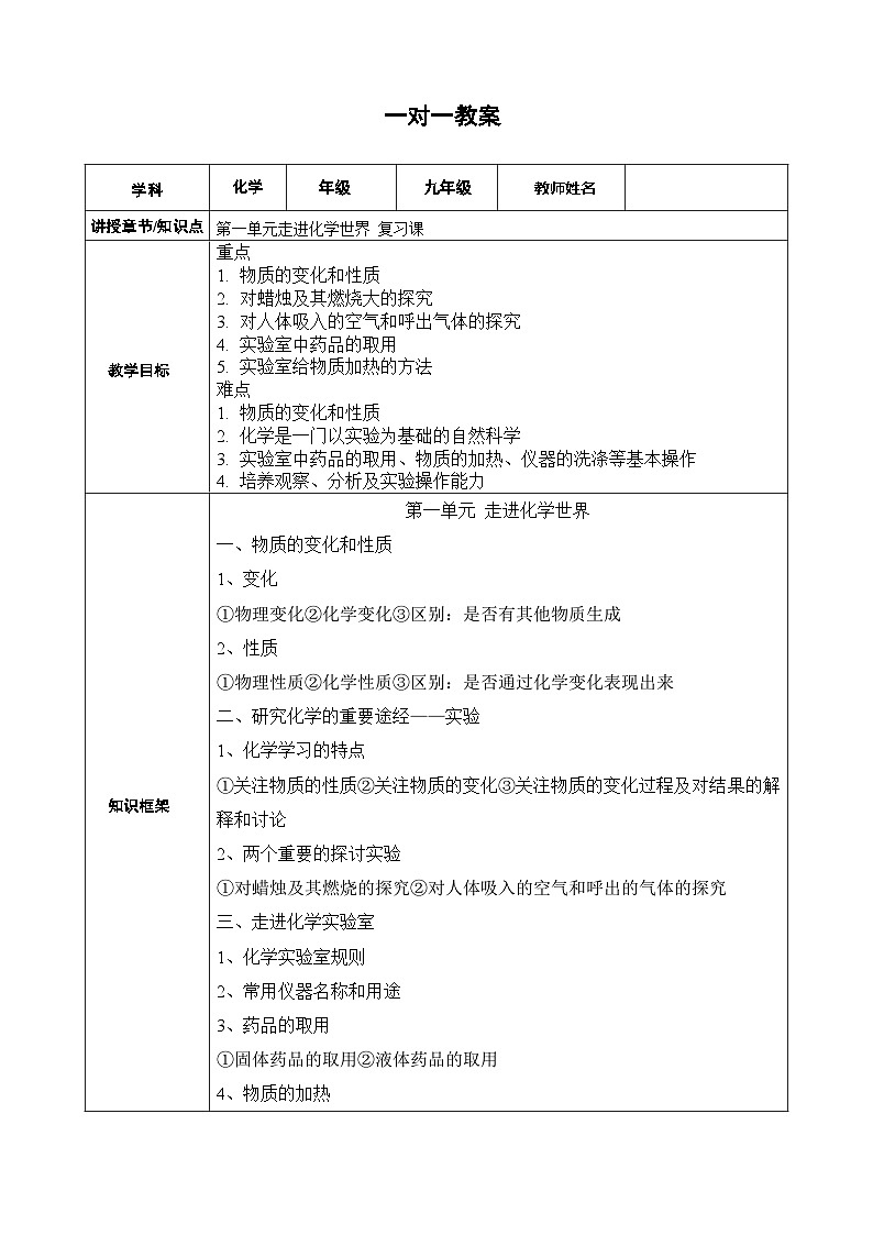 人教版初中九年级化学 第一单元复习 学案01
