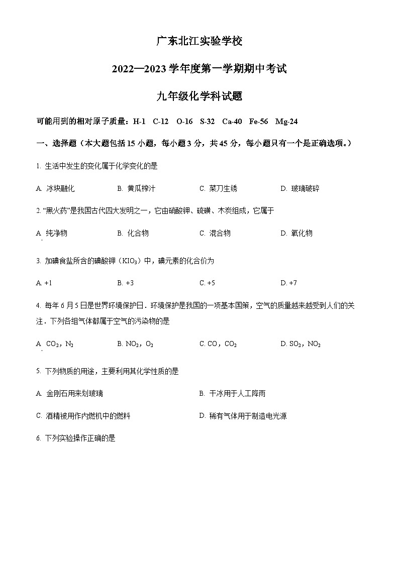 广东省韶关市武江区广东北江实验学校2022-2023学年九年级上学期期中化学试题01