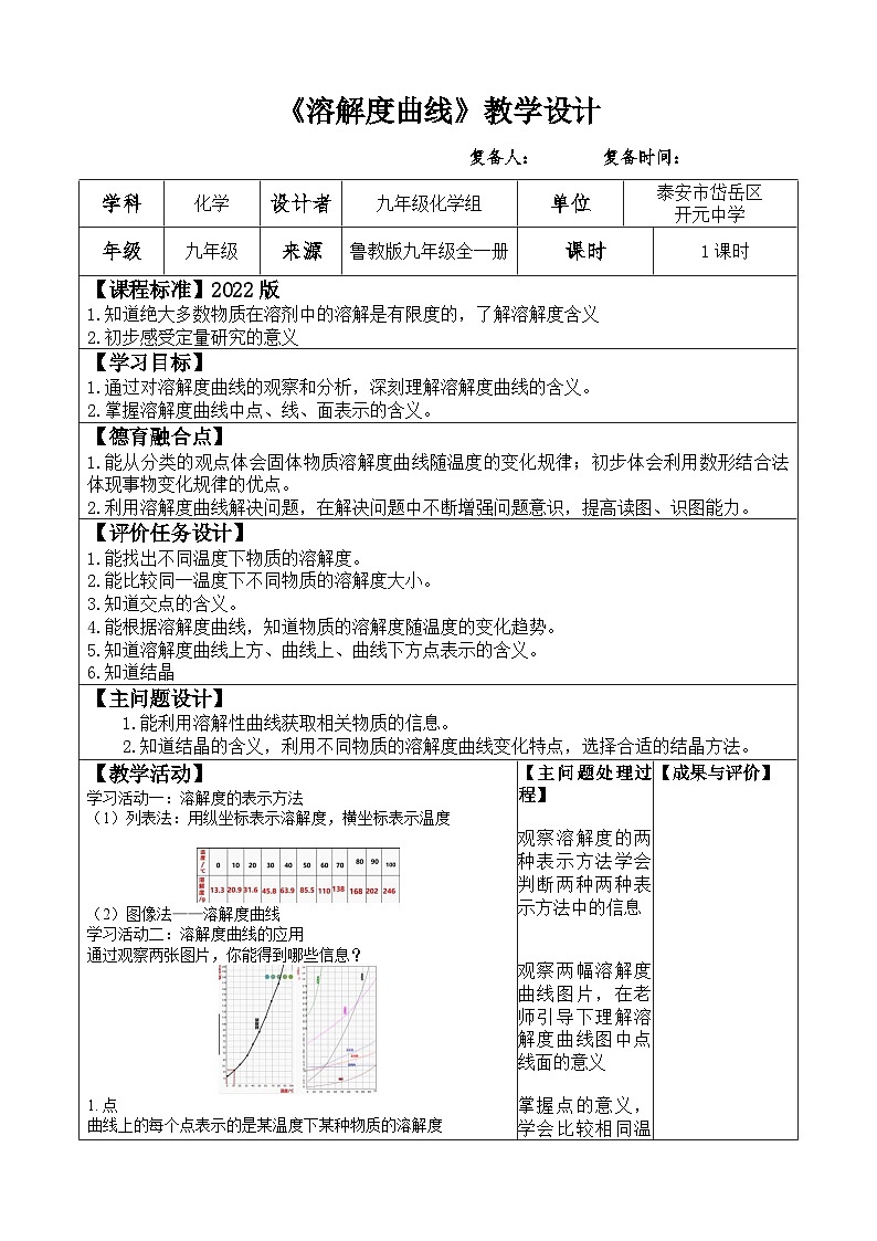 1.3.2 溶解度曲线 (2)教案2022-2023学年鲁教版九年级全一册01