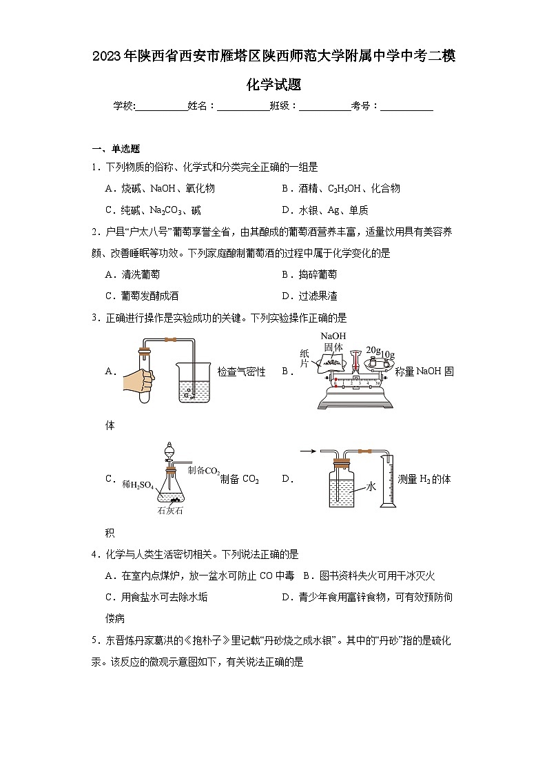 2023年陕西省西安市雁塔区陕西师范大学附属中学中考二模化学试题（含解析）01