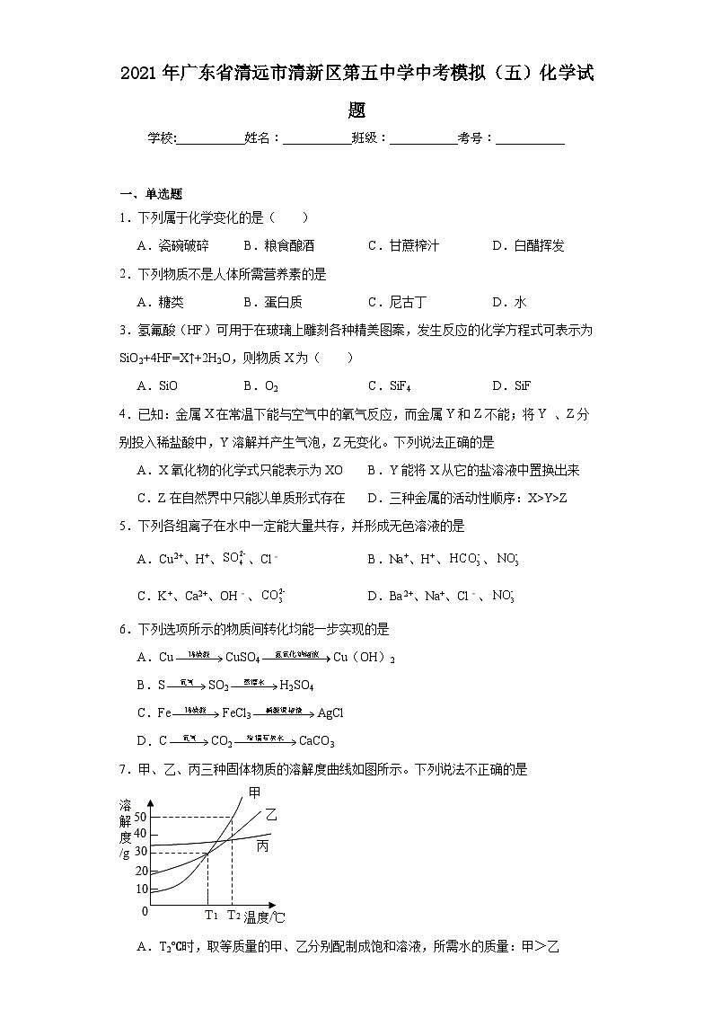 2021年广东省清远市清新区第五中学中考模拟（五）化学试题（含解析）第1页