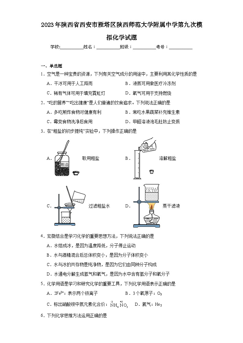 2023年陕西省西安市雁塔区陕西师范大学附属中学第九次模拟化学试题（含解析）01