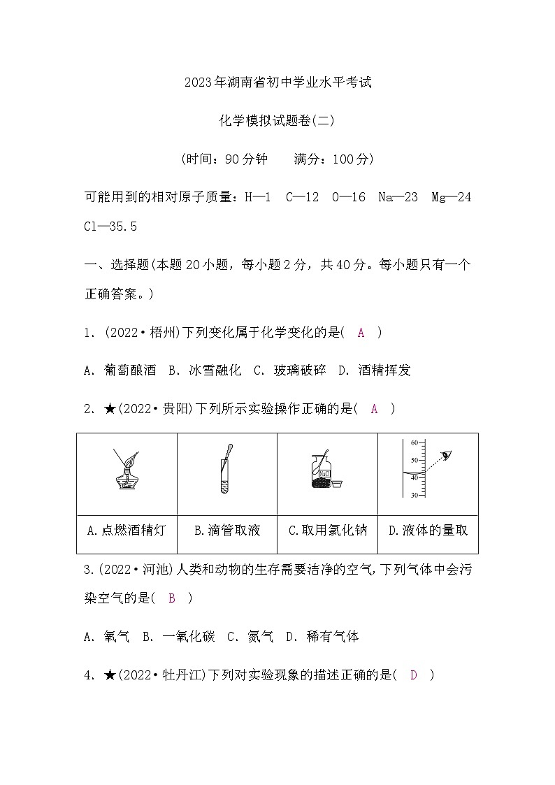 人教版中考化学复习模拟试题卷(二)含答案第1页