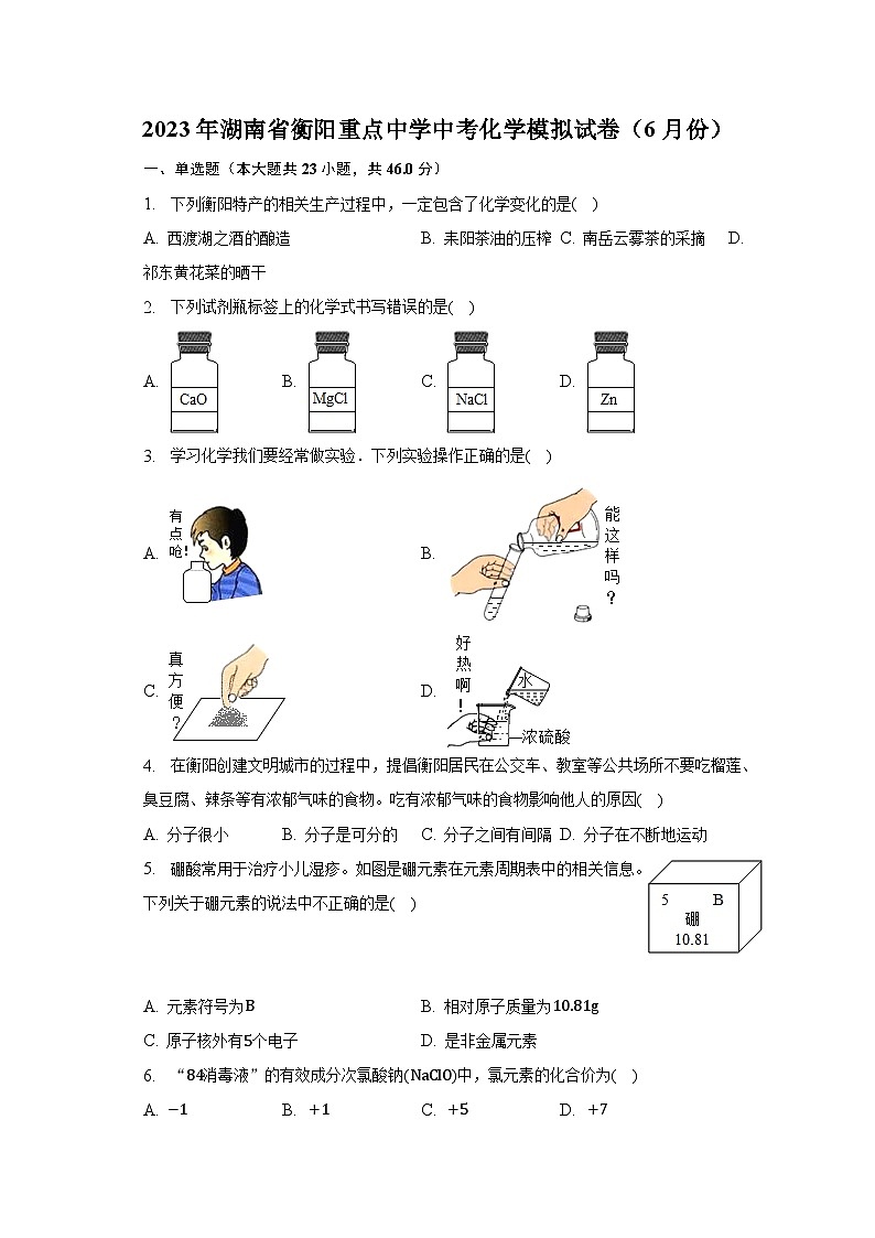 2023年湖南省衡阳重点中学中考化学模拟试卷（6月份）（含解析）第1页