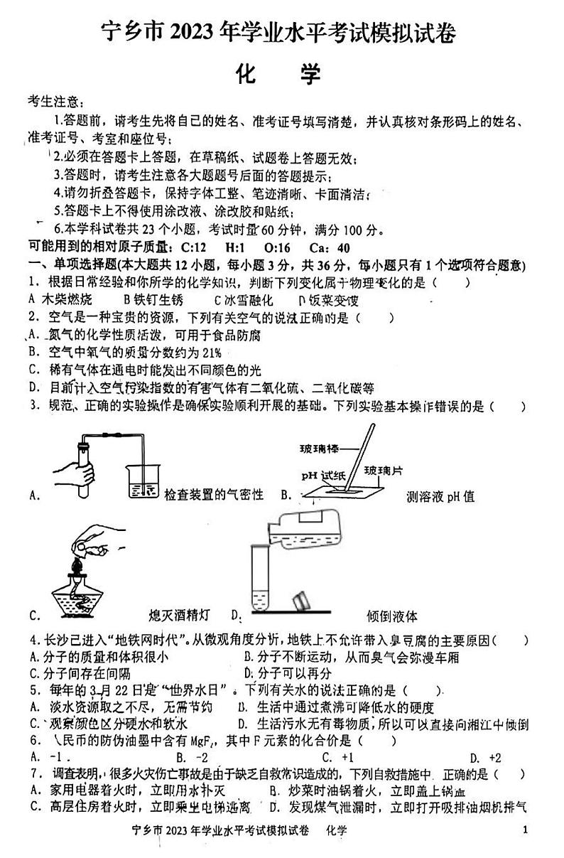 2023年湖南省宁乡市中考模拟化学试卷第1页
