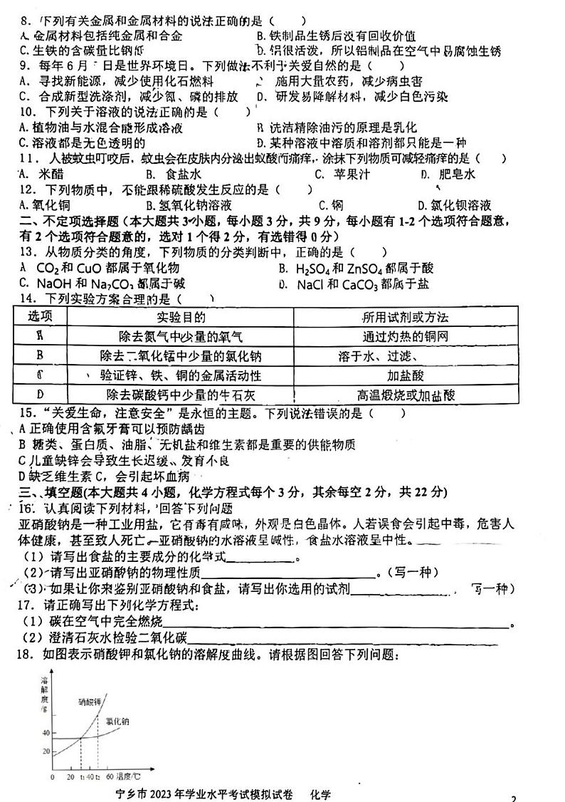 2023年湖南省宁乡市中考模拟化学试卷第2页