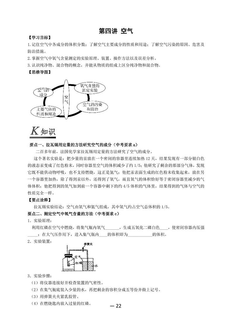 【精品同步练习】全套初三上册化学第四讲空气（知识梳理+无答案）01