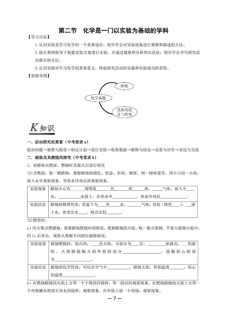 【精品同步】全套初三上册化学第二节化学是一门以实验为基础的学科（知识梳理+无答案）第1页