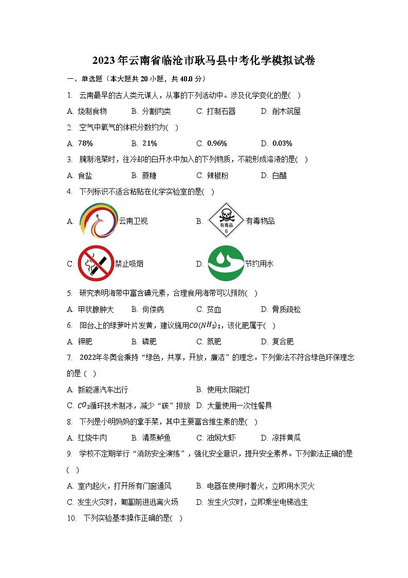 2023年云南省临沧市耿马县中考化学模拟试卷（含解析）01
