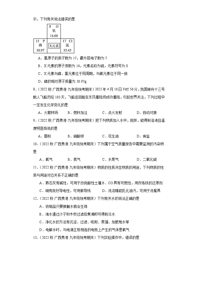 广西贵港市桂平市三年（2020-2022）九年级上学期期末化学试题汇编-选择题①02