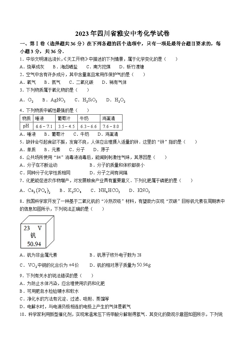2023年四川省雅安中考化学真题(无答案)01