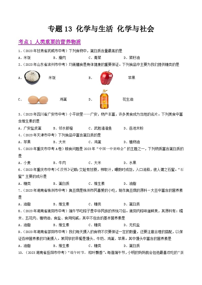 2023年中考化学真题分类汇编——专题13 化学与生活（全国通用）01