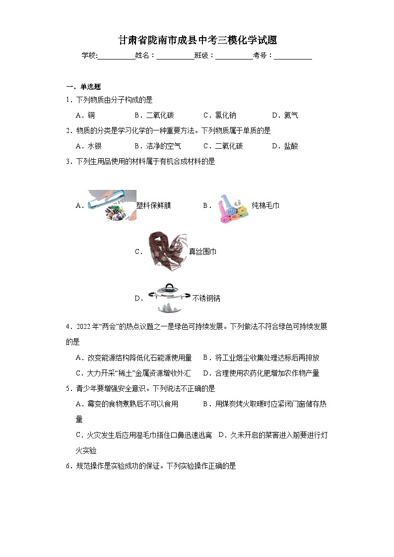 甘肃省陇南市成县中考三模化学试题（含解析）第1页