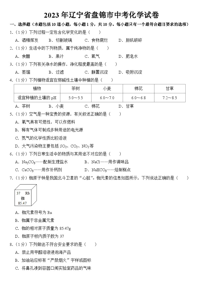 2023年辽宁省盘锦市中考化学试卷【附答案】01