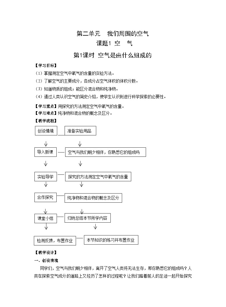 【同步教案】人教版化学九年级上册--第二单元 课题1 空气 第1课时 空气是由什么组成的 教案01