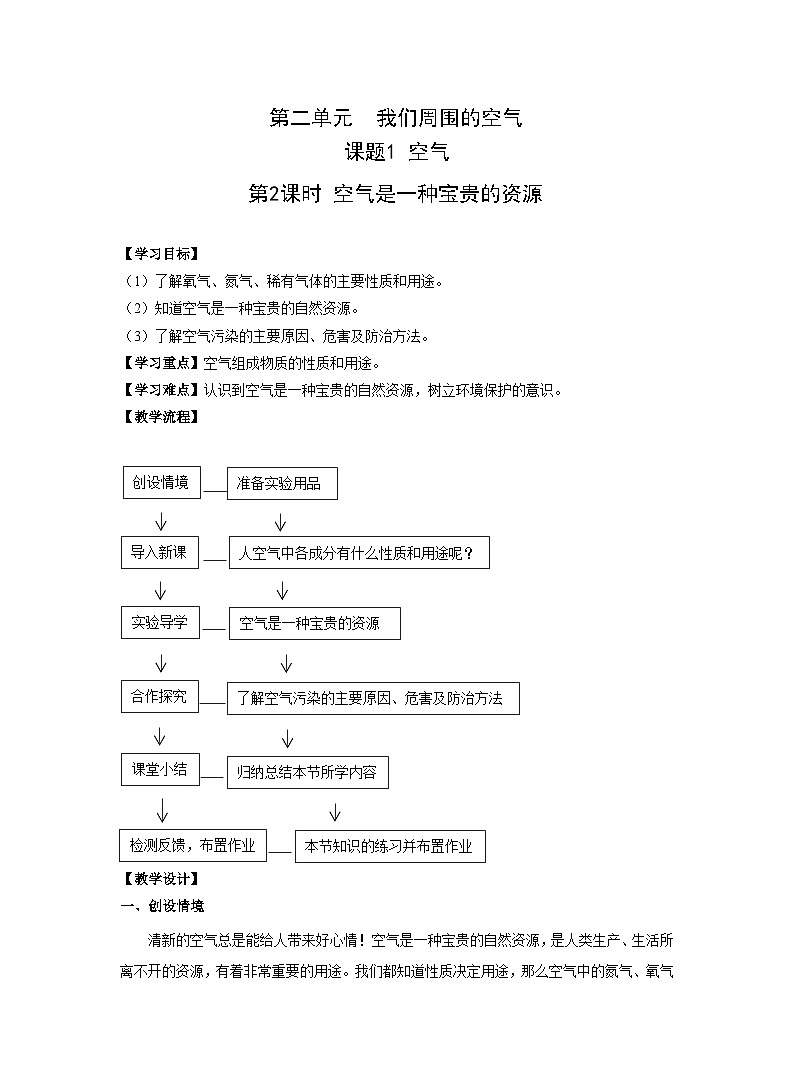 【同步教案】人教版化学九年级上册--第二单元 课题1 空气 第2课时 空气是一种宝贵的资源 教案01