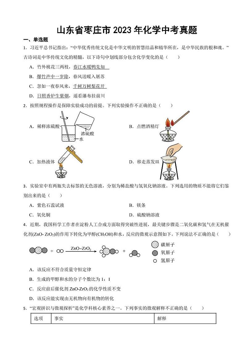 山东省枣庄市2023年化学中考真题(附参考答案)01