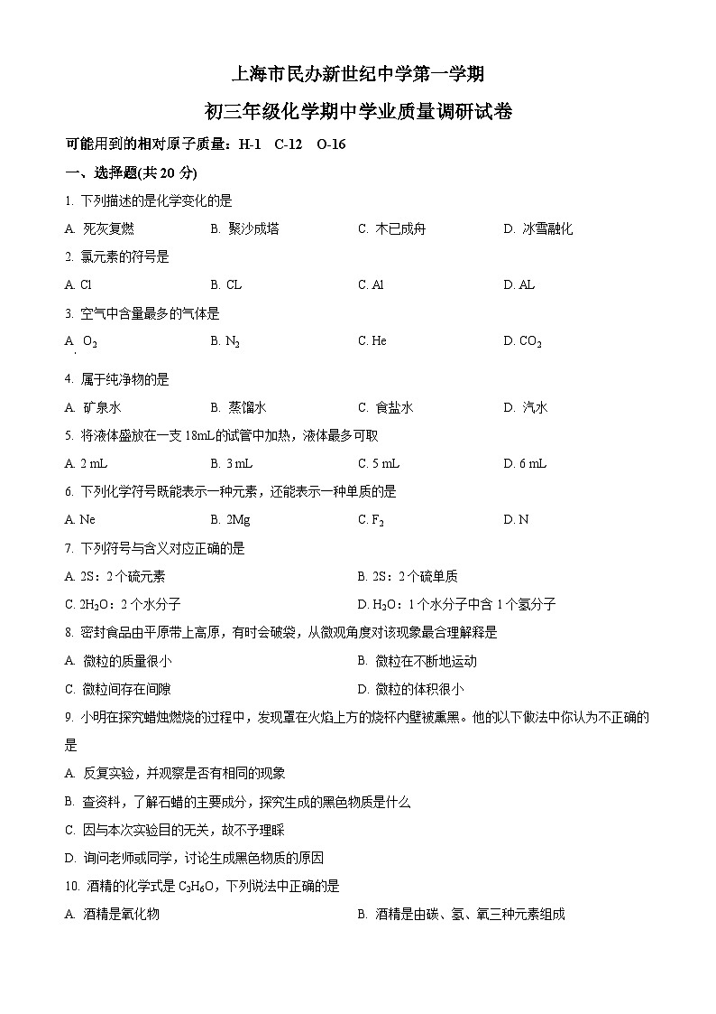 2022-2023学年度上海市长宁区民办新世纪中学九年级上学期期中化学试题01