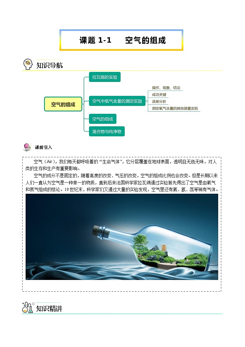 【同步讲义】人教版化学九年级上册--2.01.1 空气的组成（word讲义）01