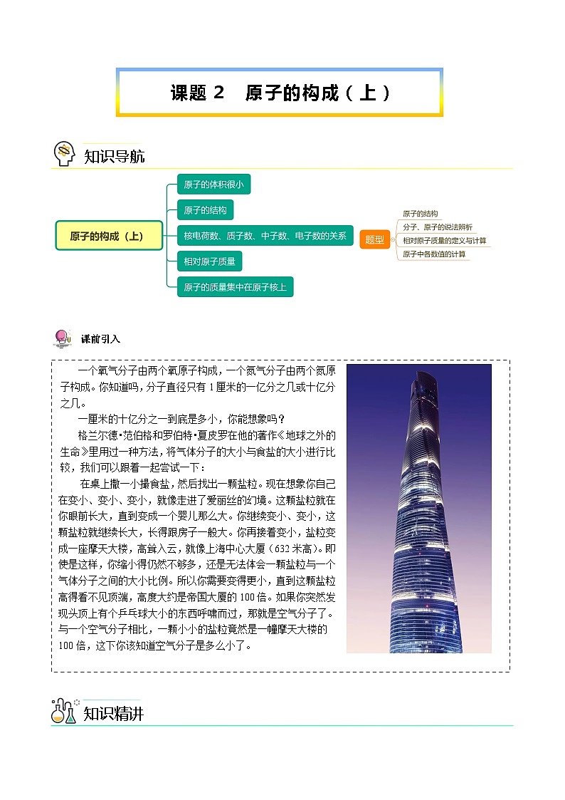 【同步讲义】人教版化学九年级上册--3.02原子的结构（上）（word讲义）01