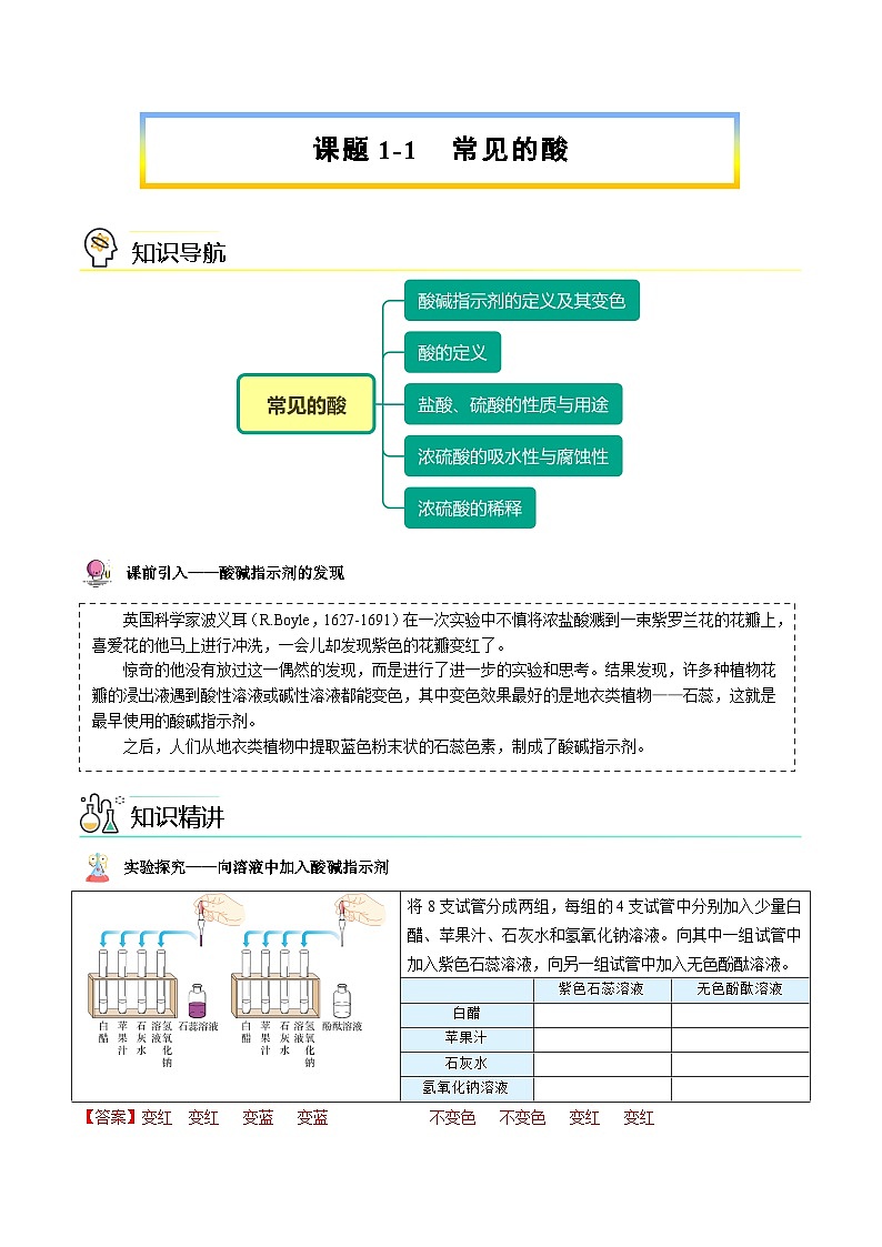 【同步讲义】人教版化学九年级下册--1001 常见的酸（讲义）01