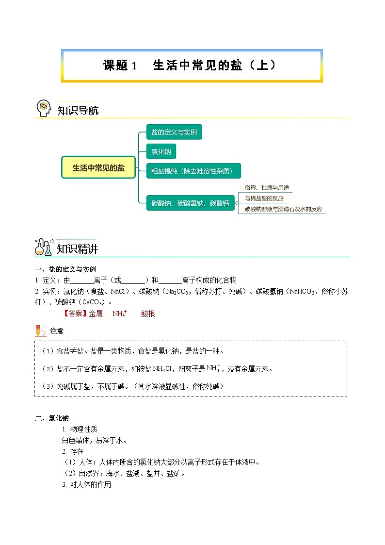 【同步讲义】人教版化学九年级下册--1101 生活中常见的盐（上）01