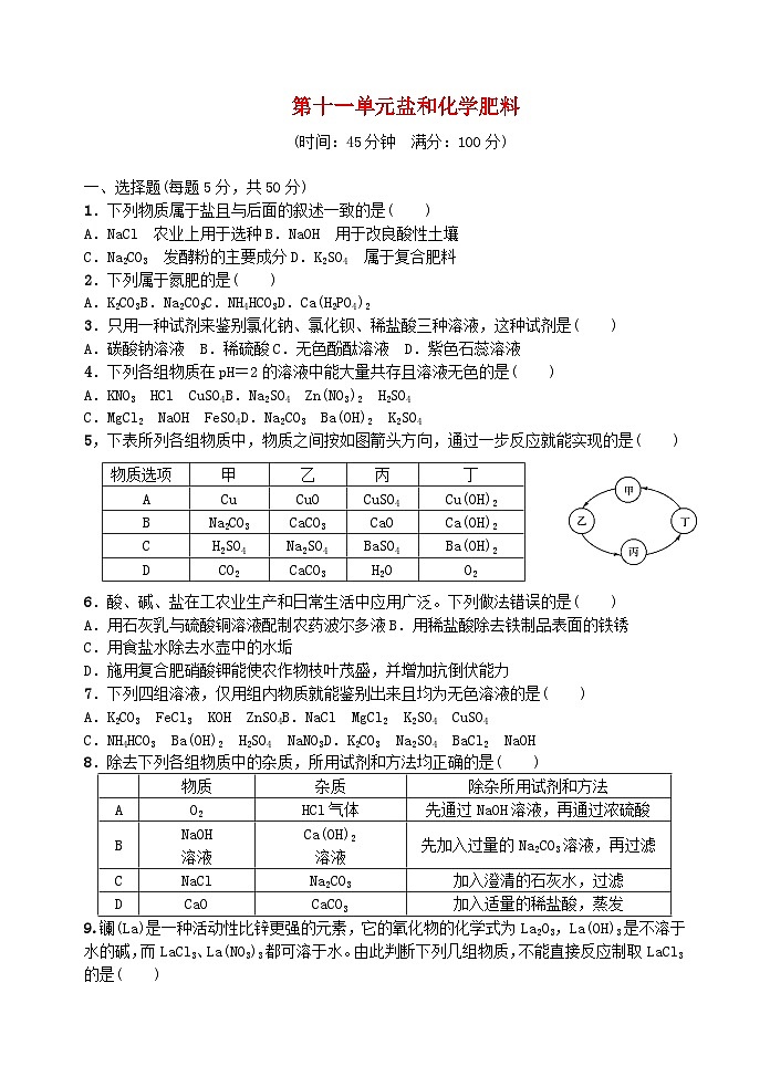 2023九年级化学下册第十一单元盐化肥单元检测新版新人教版第1页