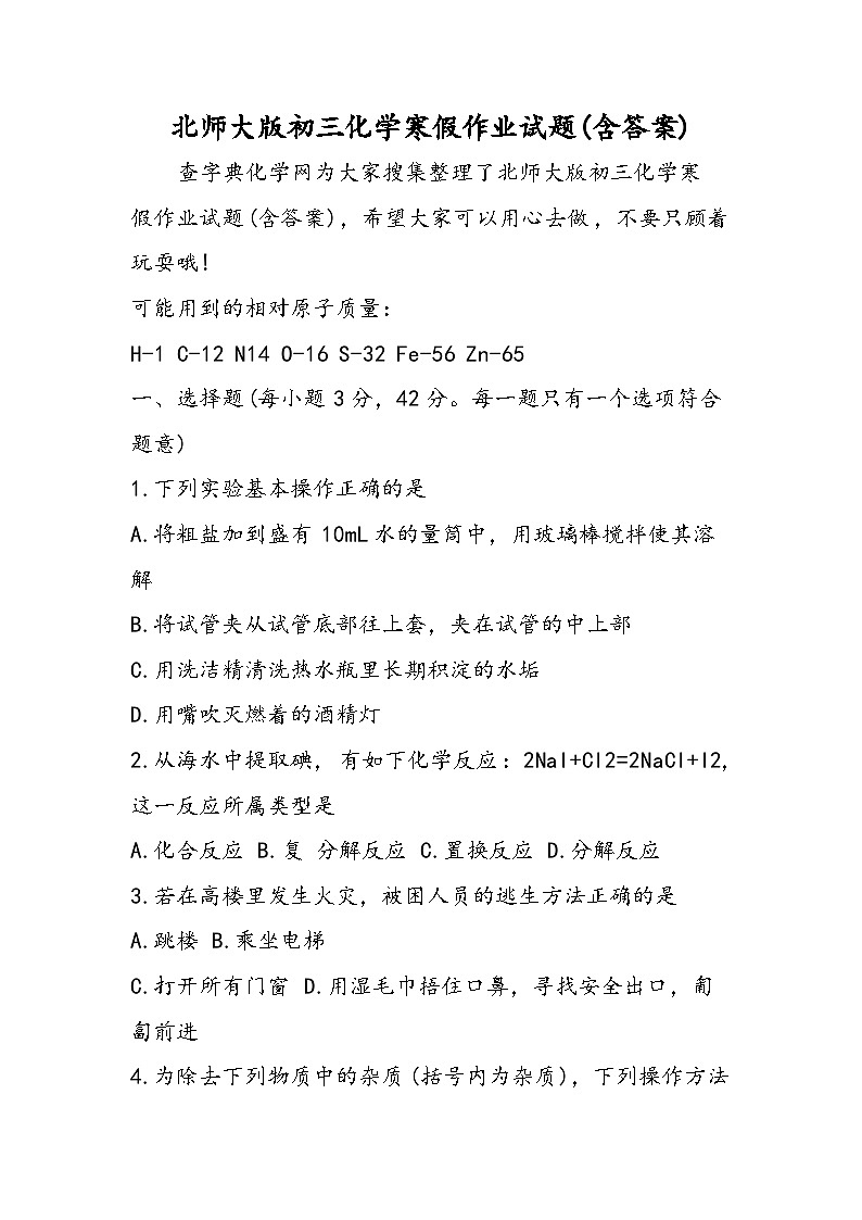 北师大版初三化学寒假作业试题(含答案)第1页