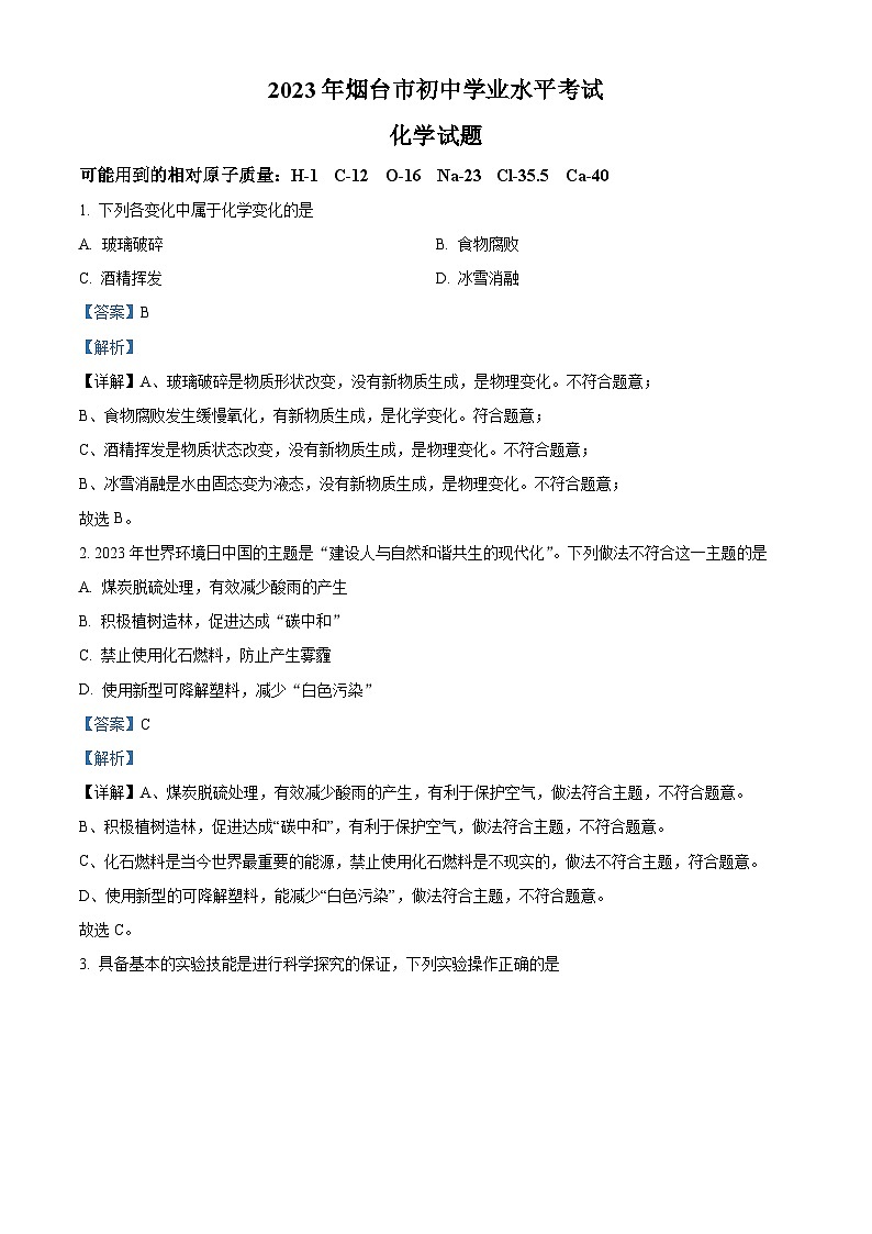 2023年山东省烟台市中考化学真题（含解析）01