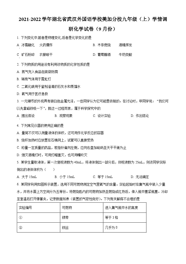 精品解析：湖北省武汉市武汉外国语学校美加分校2021-2022学年九年级上学期9月学情调研化学试题（原卷版）01