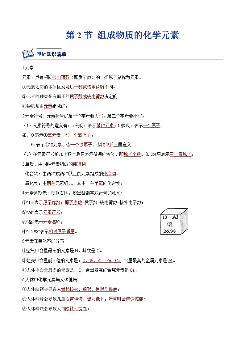 3.2 组成物质的化学元素-2023-2024学年九年级上册课后培优分级练（沪教版·全国）01