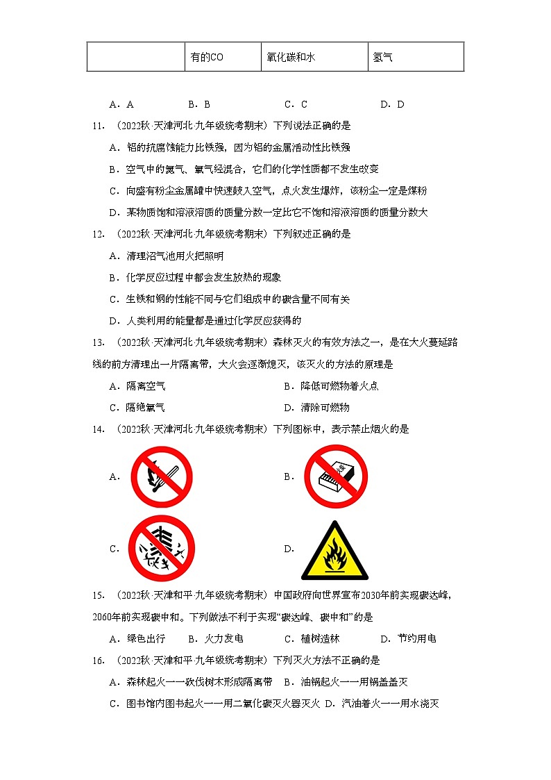2022-2023学年天津市化学九年级上册期末试题知识点汇编-18化学与能源的开发利用①第3页