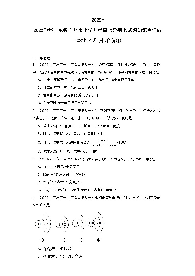 2022-2023学年广东省广州市化学九年级上册期末试题知识点汇编-08化学式与化合价①第1页