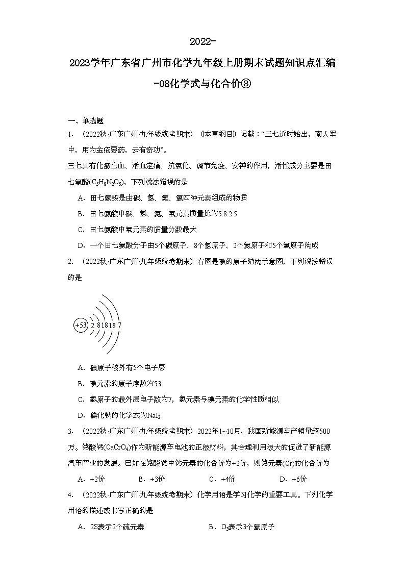 2022-2023学年广东省广州市化学九年级上册期末试题知识点汇编-08化学式与化合价③第1页