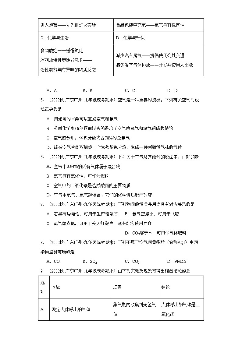2022-2023学年广东省广州市化学九年级上册期末试题知识点汇编-09空气①第2页