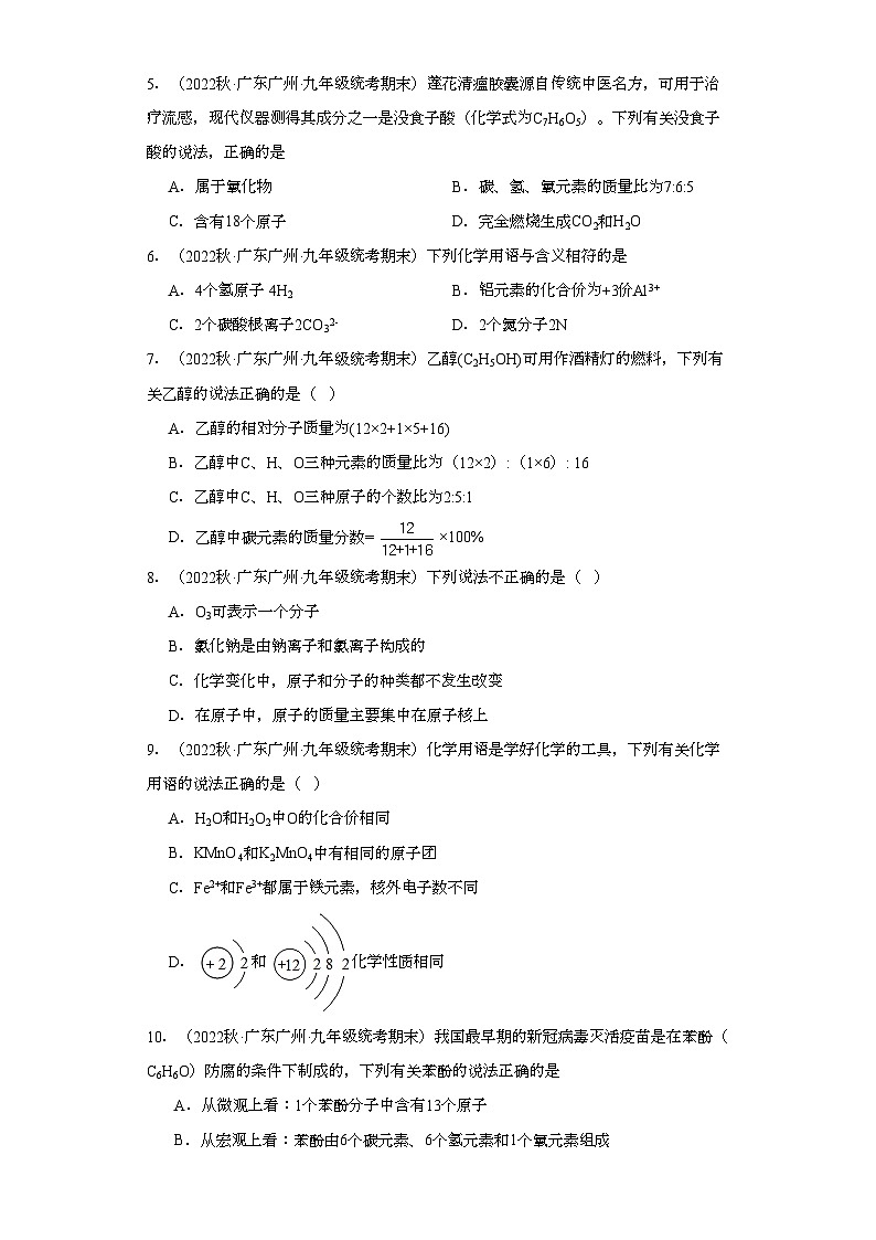 2022-2023学年广东省广州市化学九年级上册期末试题知识点汇编-08化学式与化合价④第2页